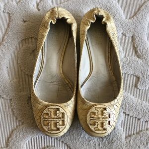 Tory Burch Ivory Crackled Snake Flats